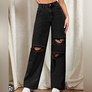 SHEIN Charcoal Distressed Wide Leg Jeans